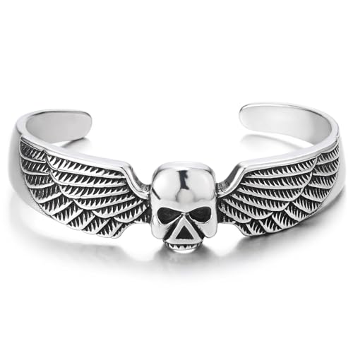 Offenes Manschetten Armband mit Totenkopf und Flügel für Herren, Gothic Biker Schmuck, Edelstahl Statement Cuff von COOLSTEELANDBEYOND