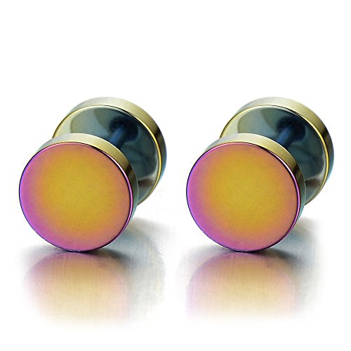 Oxidiert Regenbogen Bunter Kreis Schraube Ohrringe Herren Damen Edelstahl Fakeplugs Fake Ohr-Plug Tunnel Gauges Piercing von COOLSTEELANDBEYOND