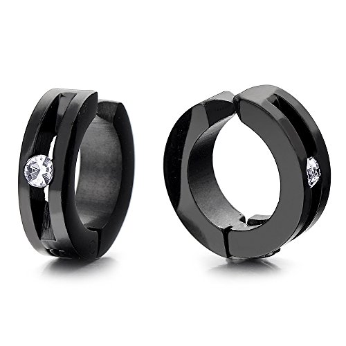 Paar Click-on Schwarz Creolen mit Zirkonia für Herren Damen, Edelstahl Huggie Ohr Manschette Ohrringe, Fake Piercing von COOLSTEELANDBEYOND