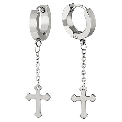 Paar Creolen mit Baumelnde Kreuz für Herren Damen, Edelstahl Huggie Ohr Manschette Ohrringe von COOLSTEELANDBEYOND