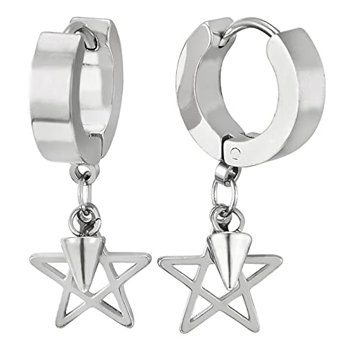 Paar Creolen mit Baumelnde Stern Pentagramm und Spitzte Kegel, Herren Damen Edelstahl Huggie Ohr Manschette Ohrringe Paar Creolen mit Baumelnde Stern Pentagramm und Spitzte Kegel, Herren Damen Edelstahl Huggie Ohr Manschette Ohrringe von COOLSTEELANDBEYOND
