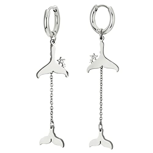 Paar Damen Edelstahl Huggie Aufklappbare Creolen Ohrringe mit Baumelnde Lange Kette und Meerjungfrau Delfine Wal Schwanz von COOLSTEELANDBEYOND
