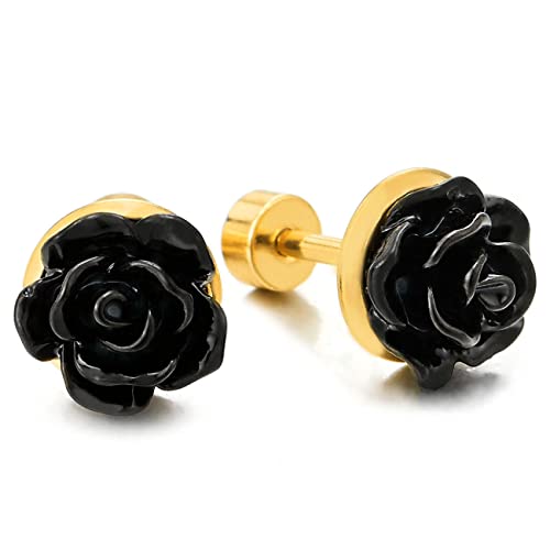 COOLSTEELANDBEYOND Paar Damen Schwarz Rose Blumen Ohrstecker, Ohrringe Goldfarben Edelstahl Ohrschmuck, Schraube Wieder, Einzigartige von COOLSTEELANDBEYOND