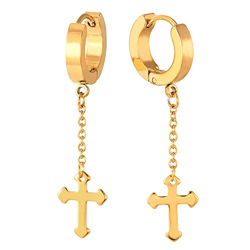 Paar Gold Creolen mit Baumelnde Kreuz für Herren Damen, Edelstahl Huggie Ohr Manschette Ohrringe von COOLSTEELANDBEYOND