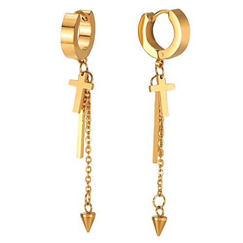 Paar Gold Edelstahl Creolen Huggie Ohr Manschette Herren Damen Ohrringe mit Lange Kette Baumelnde Kegel Kreuz und Stock von COOLSTEELANDBEYOND