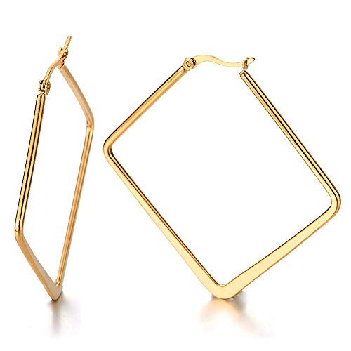 Paar Gold Große Glatte Quadrat Creolen Ohrringe für Damen, Edelstahl Huggie Ohrringe Mädchen von COOLSTEELANDBEYOND