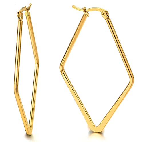 Paar Gold Große Rhombus Creolen Ohrringe für Damen, Edelstahl Huggie Ohrringe von COOLSTEELANDBEYOND