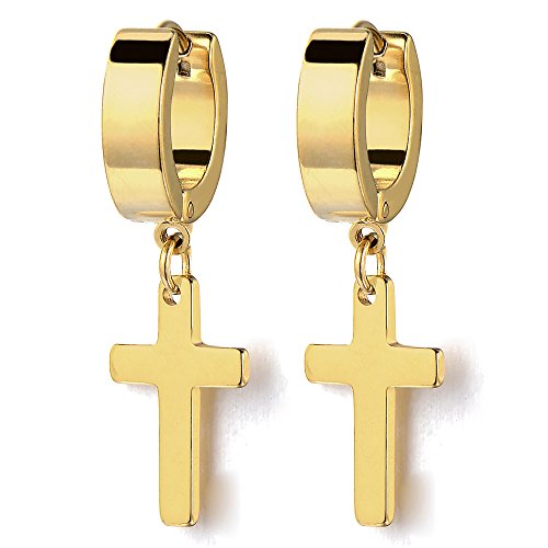 Paar Gold Kreuz Creolen für Herren Damen, Edelstahl Huggie Ohr Manschette Ohrringe, Fake Piercing von COOLSTEELANDBEYOND