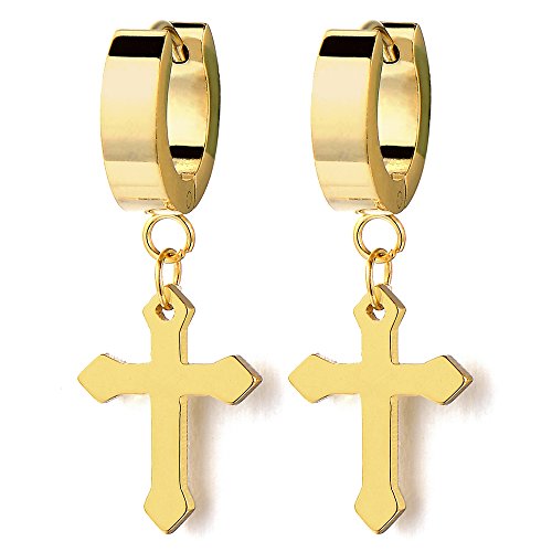 Paar Gold Kreuz Creolen für Herren Damen, Edelstahl Huggie Ohr Manschette Ohrringe, Fake Piercing von COOLSTEELANDBEYOND