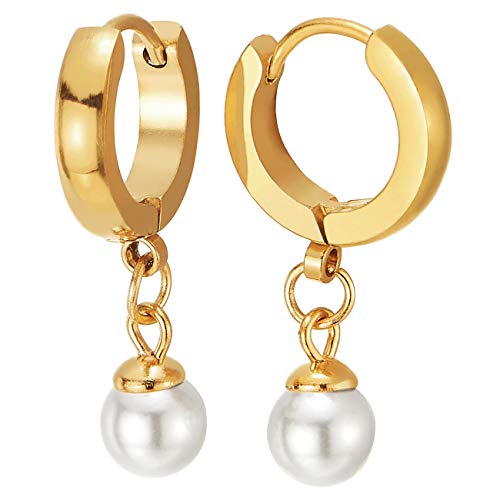 Paar Goldfarben Creolen für Damen, Edelstahl Huggie Ohr Manschette Ohrringe mit Baumelnde Perle, Exquisite von COOLSTEELANDBEYOND