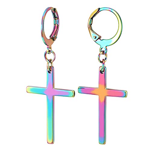 Paar Herren Damen Edelstahl Oxidiert Regenbogen Creolen Huggie Ohr Manschette Ohrringe mit Lange Baumelnde Kreuz von COOLSTEELANDBEYOND