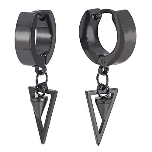 COOLSTEELANDBEYOND Paar Herren Damen Edelstahl Schwarz Creolen Huggie Ohr Manschette Ohrringe mit Baumelnde Kegel und Offenes Dreieck von COOLSTEELANDBEYOND