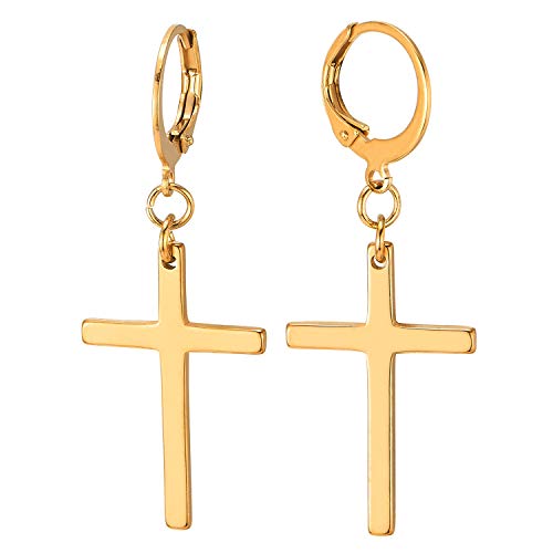 Paar Herren Damen Gold Edelstahl Creolen Huggie Ohr Manschette Ohrringe mit Lange Baumelnde Kreuz von COOLSTEELANDBEYOND