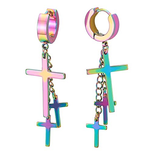 Paar Oxidiert Regenbogen Creolen mit Lange Baumelnde Kreuz für Herren Damen, Edelstahl Huggie Ohr Manschette Ohrringe von COOLSTEELANDBEYOND