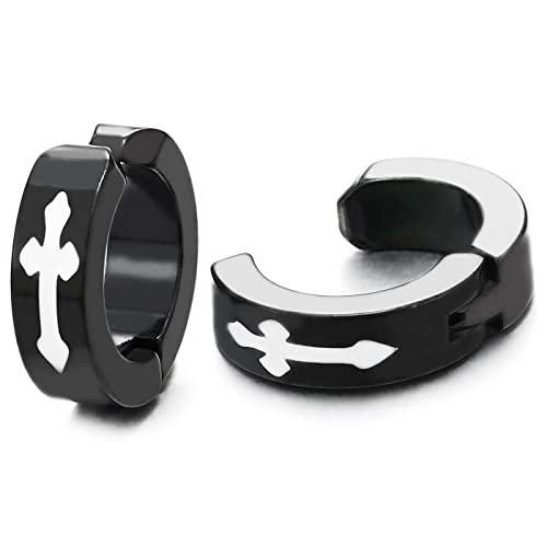 Paar Schwarz Clip-on Creolen mit Kreuz für Herren Damen, Edelstahl Huggie Ohr Manschette Ohrringe, Fake Piercing von COOLSTEELANDBEYOND