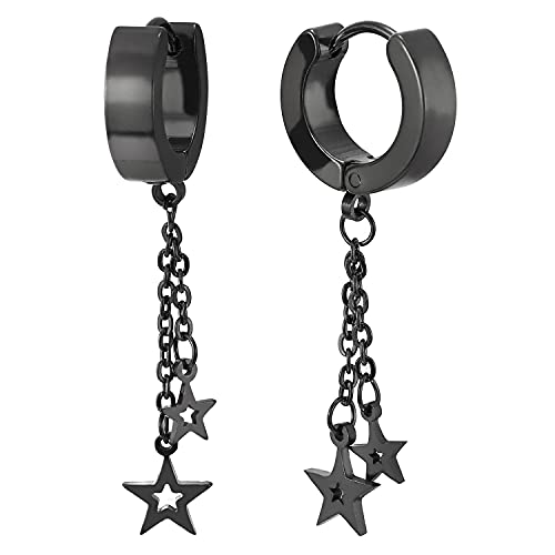 Paar Schwarz Creolen mit Zwei Baumelnde Kette und Stern Pentagramm für Damen, Edelstahl Huggie Ohr Manschette Ohrringe von COOLSTEELANDBEYOND