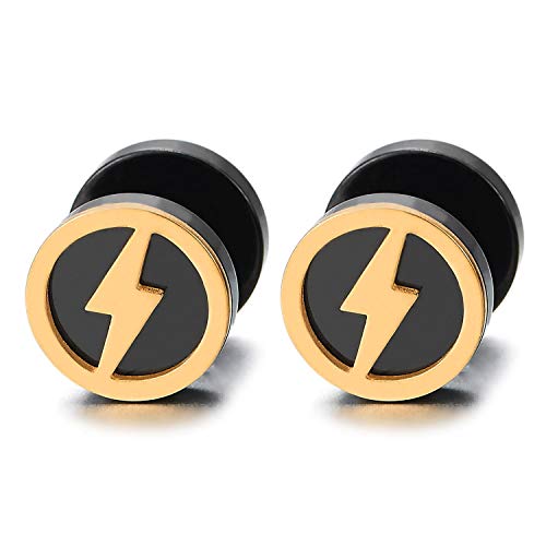 Paar Schwarz Gold Blitz Bolzen Kreis Ohrstecker, Ohrringe für Herren Damen, Fake Plugs Cheater Tunnel Gauges Edelstahl von COOLSTEELANDBEYOND