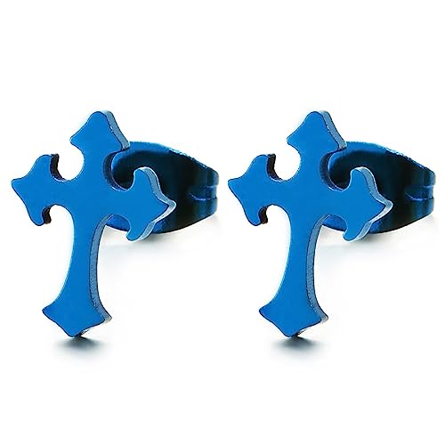 Paar Unisex Blau Kreuz Ohrstecker, Kreuz Ohrringe für Herren und Damen, Edelstahl Kreuz Ohrschmuck von COOLSTEELANDBEYOND