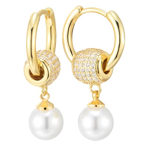 Perle Baumeln Huggie Aufklappbare Creolen Ohrringe, Goldfarben Hoffe Ohrringe mit Zirkonia Pflastern Pave Rohr von COOLSTEELANDBEYOND
