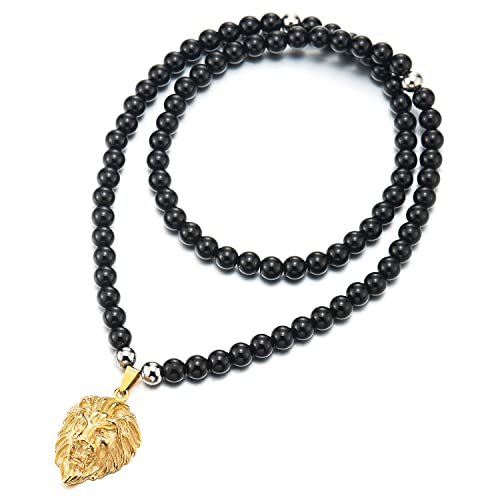 COOLSTEELANDBEYOND Punk Rock Biker Herren Schwarz Onyx Perlen Halskette mit Edelstahl Goldfarben Löwenkopf Anhänger, 66CM Lang COOLSTEELANDBEYOND Punk Rock Biker Herren Schwarz Onyx Perlen Halskette mit Edelstahl Goldfarben Löwenkopf Anhänger, 66CM Lang von COOLSTEELANDBEYOND