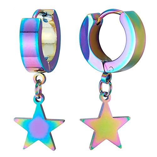 Regenbogen Creolen für Herren Damen, Edelstahl Huggie Ohr Manschette Ohrringe Baumelnde Stern Pentagramm, Fake Piercing von COOLSTEELANDBEYOND