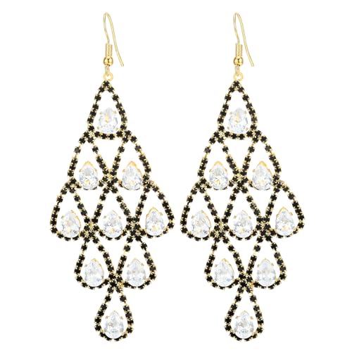 Renaissance Palast Statement Ohrringe Große Baumelnde Schwarz und Weiß Strass Chandelier Kronleuchter Goldfarben von COOLSTEELANDBEYOND