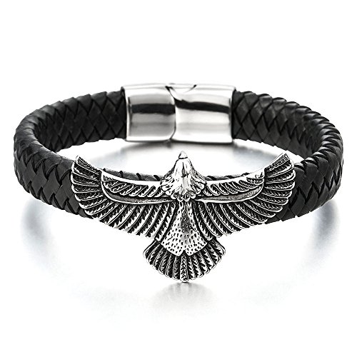 COOLSTEELANDBEYOND Rock Punk Edelstahl Fliegende Adler Herren Armband Schwarz Geflochtene Lederarmband Schweißband von COOLSTEELANDBEYOND