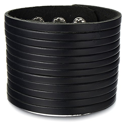 COOLSTEELANDBEYOND Rock Punk Leder-Armband für Herren Damen Breites Schweißband Armreif Schwarze Echtes Leder von COOLSTEELANDBEYOND