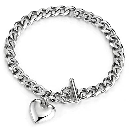 Rolo Gliederkette Charm-Armband für Damen, Gliederarmband Edelstahlarmband mit Puff Herz, Knebelverschluss, Poliert von COOLSTEELANDBEYOND