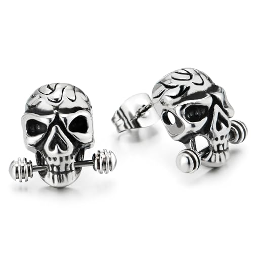 Schädel mit Hantel Ohrstecker Ohrringe, Gothic Ohrringe Punk Biker Vintage, Herren Damen Edelstahl, 1 Paar von COOLSTEELANDBEYOND