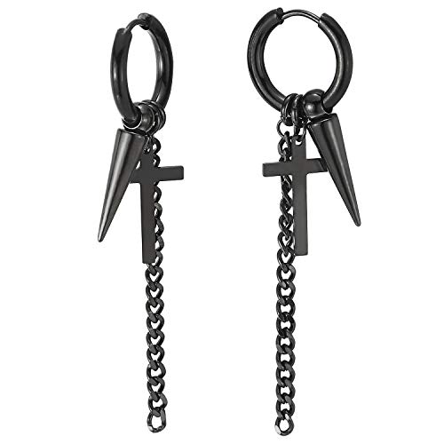 Schwarz Creolen mit Wulst Spike Kreuz und Baumelnde Lange Kette, Edelstahl Huggie Ohr Manschette Ohrringe Piercing von COOLSTEELANDBEYOND
