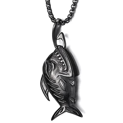 COOLSTEELANDBEYOND Schwarz Hai Scharfe Zahn Fisch Skelett Knochen Edelstahl Anhänger Halskette für Herren, 75cm Stahl Weizen-Kette von COOLSTEELANDBEYOND