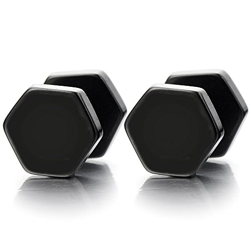 7MM Schwarz Hexagon Herren Damen Ohrstecker Ohrringe Fakeplugs Fake Ohr-Plug Tunnel Gauges Ohr-Piercing Edelstahl, 1 Paar von COOLSTEELANDBEYOND