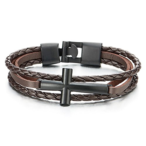 COOLSTEELANDBEYOND Schwarz Horizontalen Seite Seitlich Kreuz DREI Reihen Braune Geflochtene Lederarmband für Herren Damen von COOLSTEELANDBEYOND