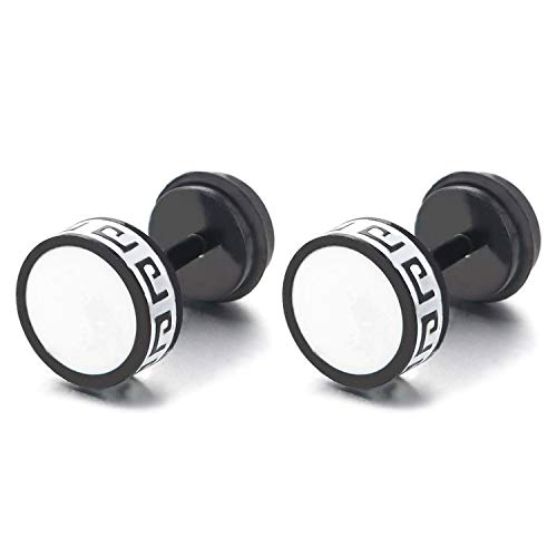 Schwarz Kreis Ohrstecker Ohrringe mit Weißer Emaille und Griechischen Schlüsselmuster, Damen Herren Fake Plugs Gauges von COOLSTEELANDBEYOND