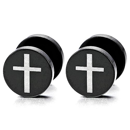 Schwarz Kreuz Herren Damen Ohrstecker Ohrringe Fake plugs Ohr Cheater Tunnel Gauges Ohr-Piercing Edelstahl, 1 Paar von COOLSTEELANDBEYOND