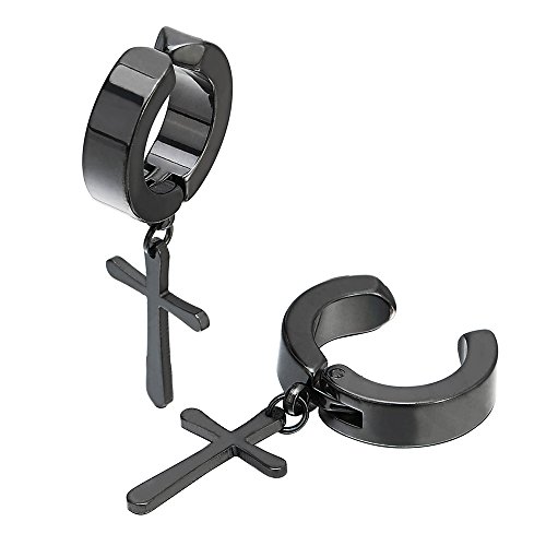 Schwarz Ohr Clip-on Creolen mit Kreuz für Herren Damen, Edelstahl Ohr Manschette Ohrringe, Fake Piercing von COOLSTEELANDBEYOND