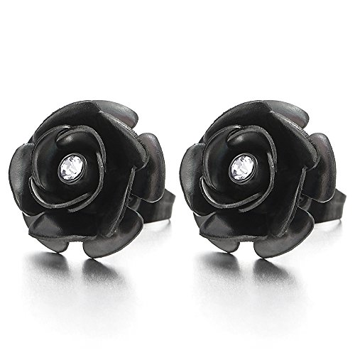 Schwarz Rose Blumen Damen Ohrstecker mit Zirkonia, Ohrringe für Damen Mädchen, Edelstahl Ohrschmuck, 1 Paar von COOLSTEELANDBEYOND