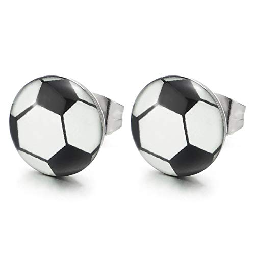 Schwarz Weiß Fußball Kuppel Kreis Ohrstecker, Herren Ohrringe Ohr-Piercing, Edelstahl, 1 Paar von COOLSTEELANDBEYOND