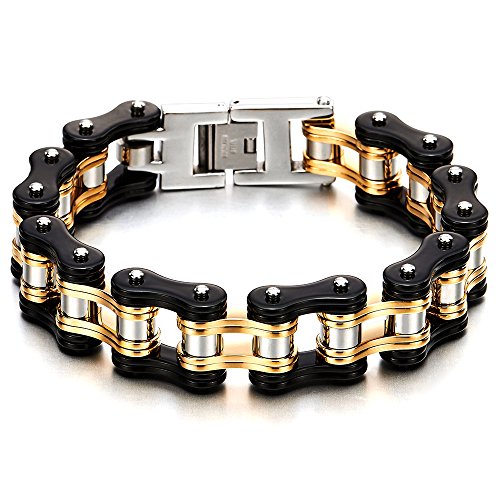 COOLSTEELANDBEYOND Schwer und Robust Herren Fahrradkette Motorradkette Armband aus Edelstahl, Silber Gold Schwarz Tri-Ton, Poliert von COOLSTEELANDBEYOND