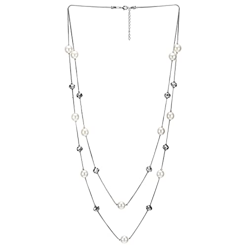 COOLSTEELANDBEYOND Silber Weiß Statement Halskette Zwei Strang Lange Kette mit Silber Kristall Perlen Charme Anhänger, Modisch, Abendkleid von COOLSTEELANDBEYOND