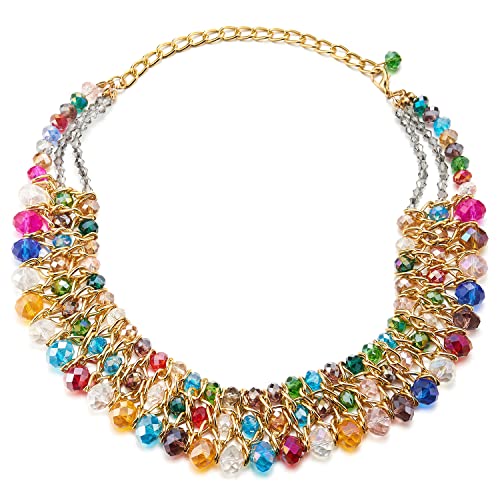 COOLSTEELANDBEYOND Statement Choker Anhänger Bunte Facettiert Kristall Perlen Perlenschnur Gold Geflochtene Kette Halsketten DREI Stränge von COOLSTEELANDBEYOND