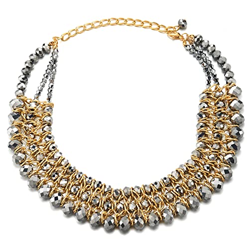 COOLSTEELANDBEYOND Statement Choker Anhänger Silber Facettiert Kristall Perlen Perlenschnur Gold Geflochtene Kette Halsketten DREI Stränge von COOLSTEELANDBEYOND