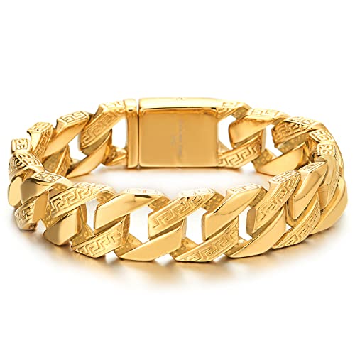 COOLSTEELANDBEYOND Top-Qualität Panzerkette Herren Armband Edelstahl mit Griechischen Schlüsselmuster, Hochglanz Poliert Goldfarben von COOLSTEELANDBEYOND