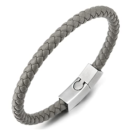 COOLSTEELANDBEYOND Unisex Dünn Grau Leder Armband für Herren Damen Geflochtenes Leder Armreif Schweißband mit Edelstahl Magnetverschluss von COOLSTEELANDBEYOND