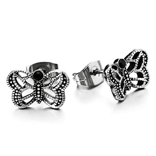 Vintage Punktiert Fliegende Schmetterling Ohrstecker mit Schwarz Zirkonia, Ohrringe für Damen, Edelstahl Ohrschmuck von COOLSTEELANDBEYOND