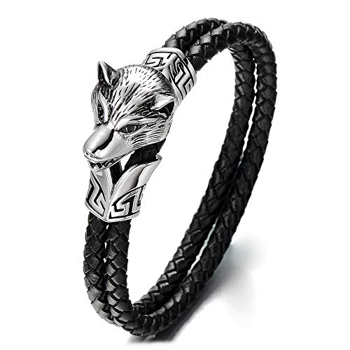 COOLSTEELANDBEYOND Wolfskopf Armband Geflochtenes Leder-Armband für Herren aus Edelstahl und Schwarz Echtem Leder von COOLSTEELANDBEYOND