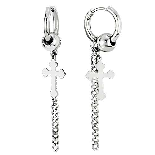 Wulst Creolen Herren Damen, Edelstahl Huggie Ohr Manschette Ohrringe Piercing mit Baumelnde Kreuz und Lange Kette von COOLSTEELANDBEYOND