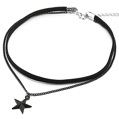 COOLSTEELANDBEYOND Zwei Reihen Schwarz Choker Halsketten Halskette für Damen Mädchen mit Schwarz Kette und Stern Pentagramm Charm Anhänger von COOLSTEELANDBEYOND