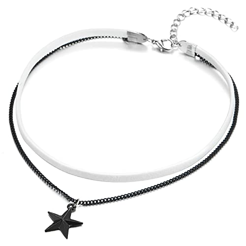 COOLSTEELANDBEYOND Zwei Reihen Weiß Choker Halsketten Halskette für Damen mit Schwarz Kette und Stern Pentagramm Charm Anhänger von COOLSTEELANDBEYOND